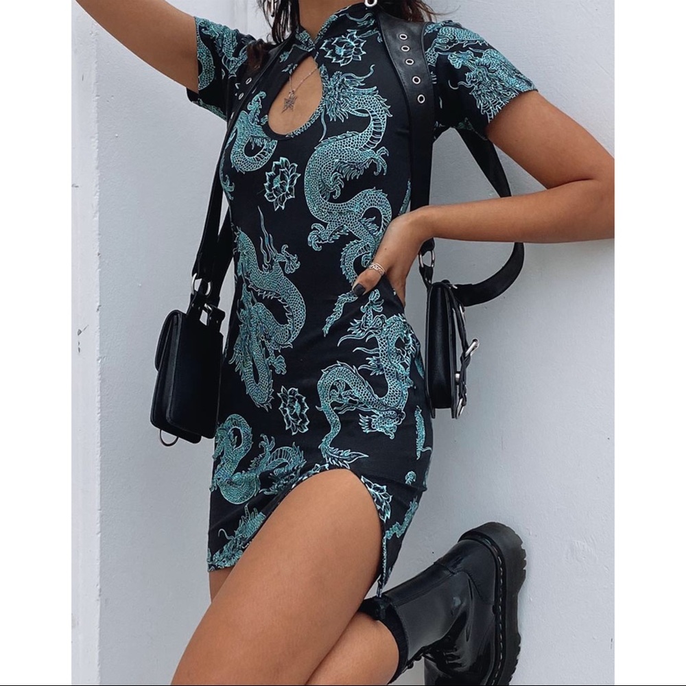 Motel Rocks Marlin Bodycon Dress - Dragon Flower Black & Mint